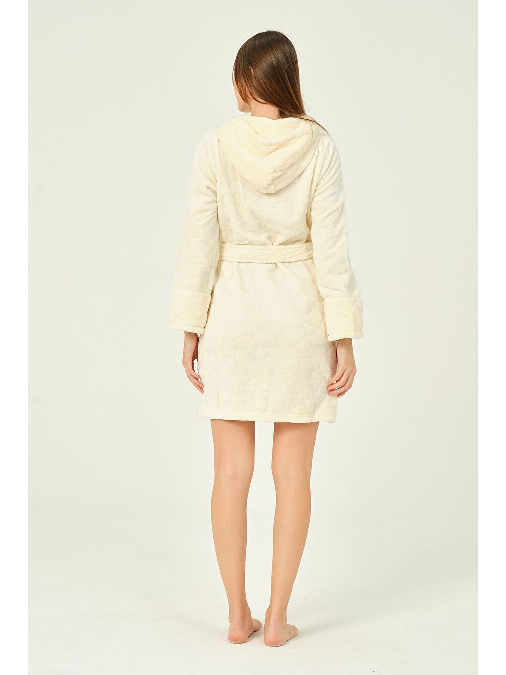 Ekru Kapüşonlu Taş Detaylı Fermuarlı Cepli Ultrasoft Sabahlık-4