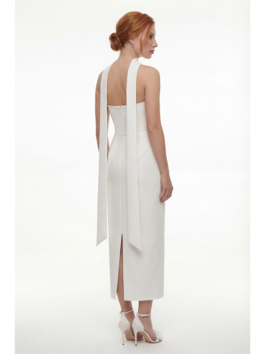 Kadın Beyaz Şal Yaka Midi Söz Nişan Nikah Abiye Elbise-4