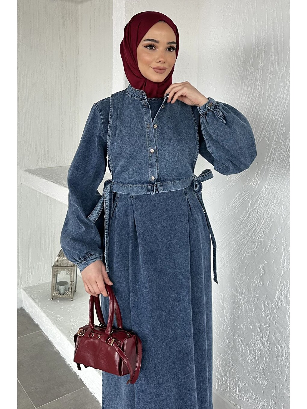 Mavi Yelek Kombinli Jean Jean Tesettür Elbise-4