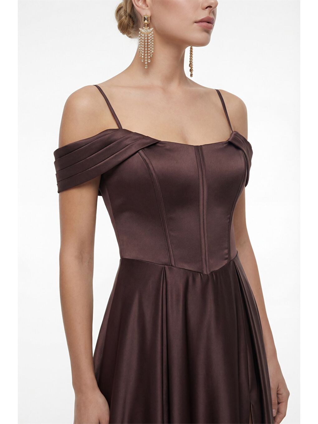Kadın Kahverengi Dar Kalıp Balen Korse Detay Yırtmaçlı Uzun Saten Abiye-2
