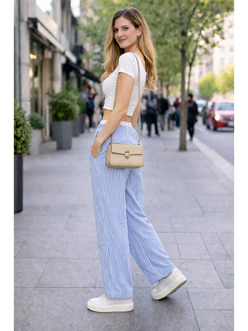 Kadın Trend Çizgili Bol Paça Mavi Palazzo Pantolon-4