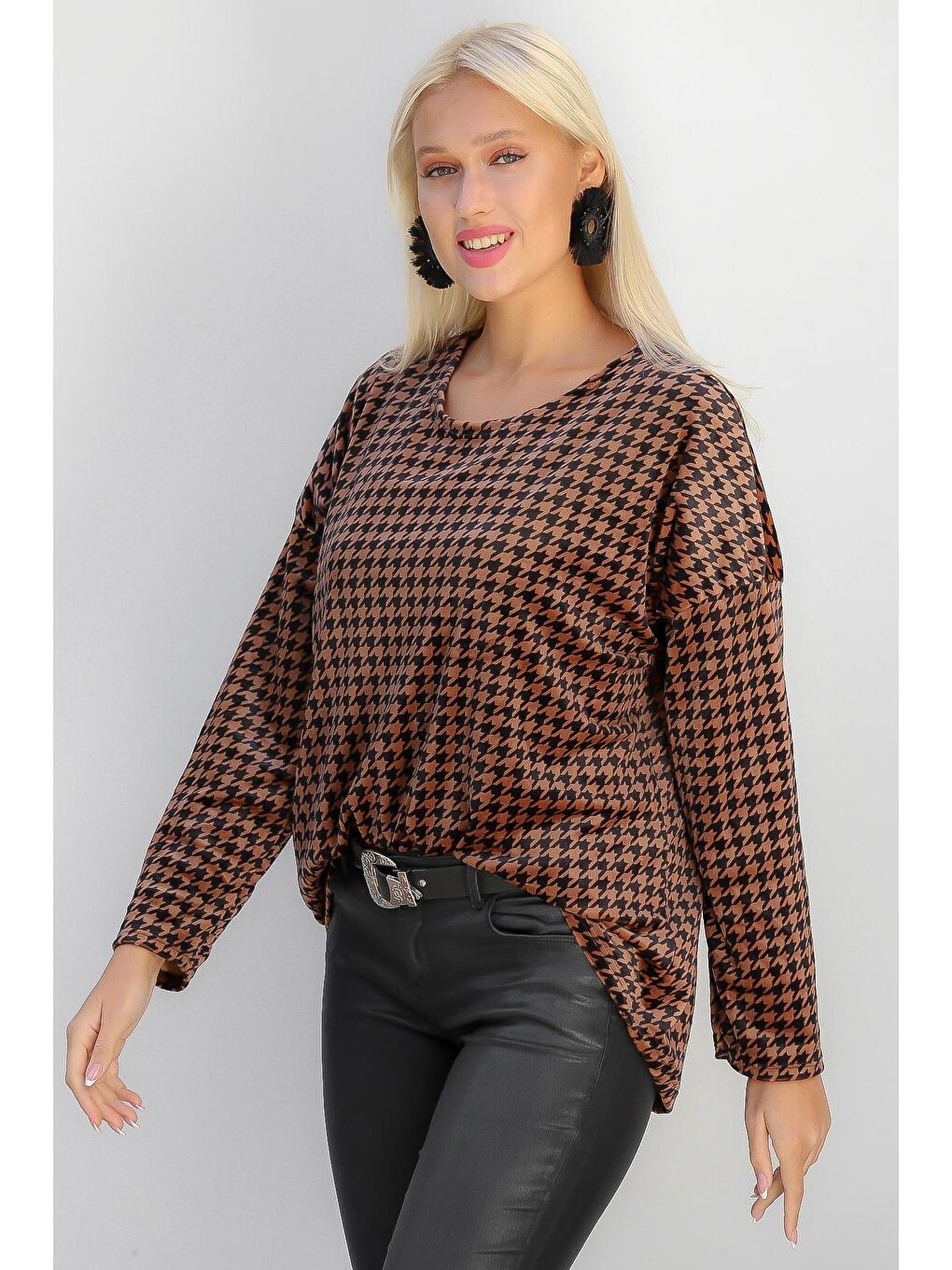 Kahverengi İtalyan Bisiklet Yaka Uzun Kol Kaz Ayağı Oversize Casual Örme Bluz-2