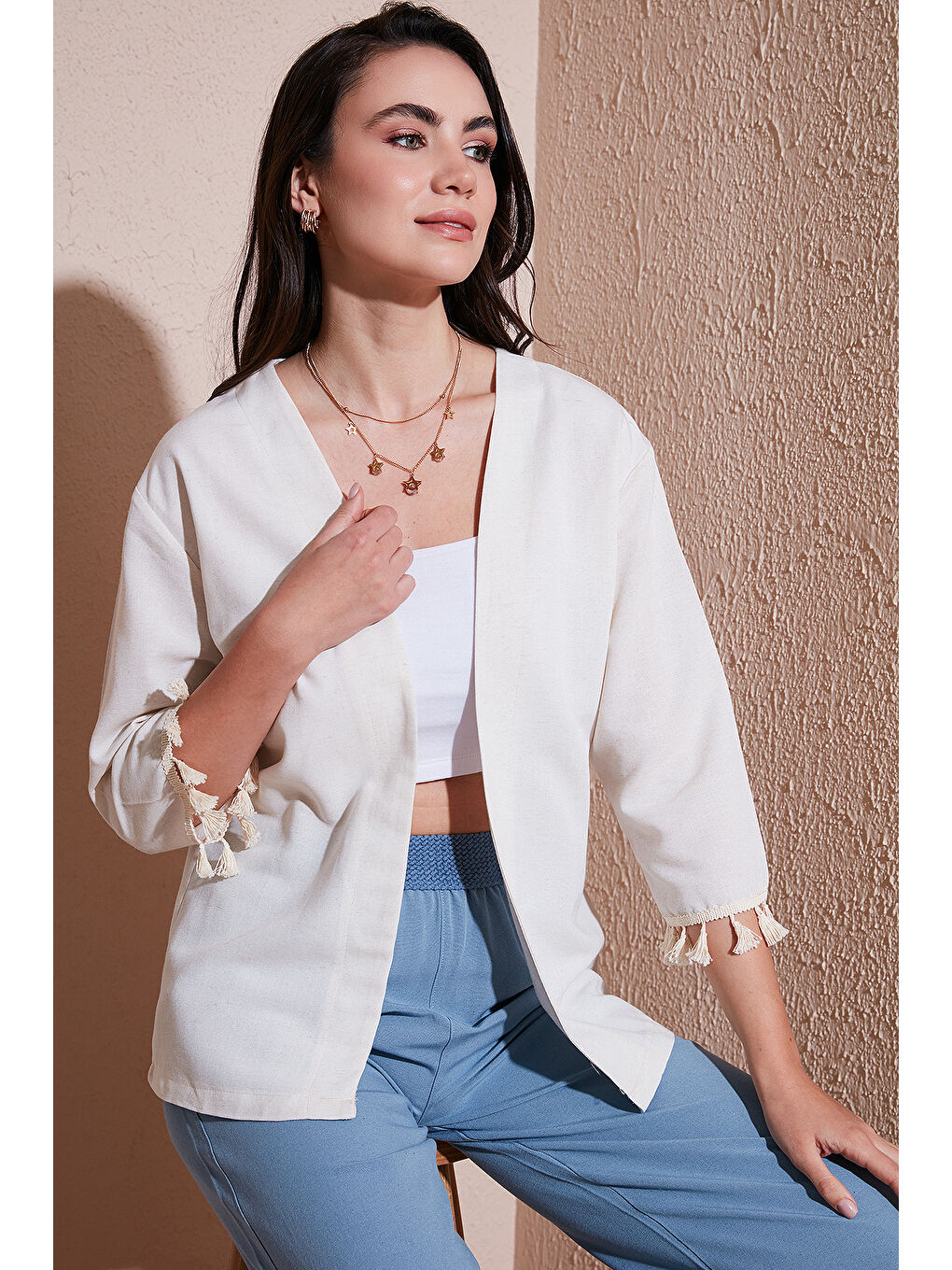 Bej Pamuk ve Keten Karışımlı Püskül Detaylı Regular Fit Uzun Kimono Hırka 5869015