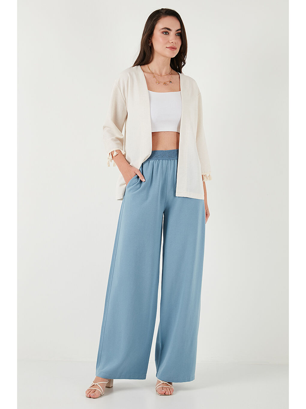 Bej Pamuk ve Keten Karışımlı Püskül Detaylı Regular Fit Uzun Kimono Hırka 5869015-1