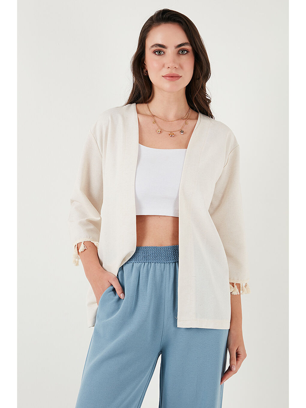 Bej Pamuk ve Keten Karışımlı Püskül Detaylı Regular Fit Uzun Kimono Hırka 5869015-2