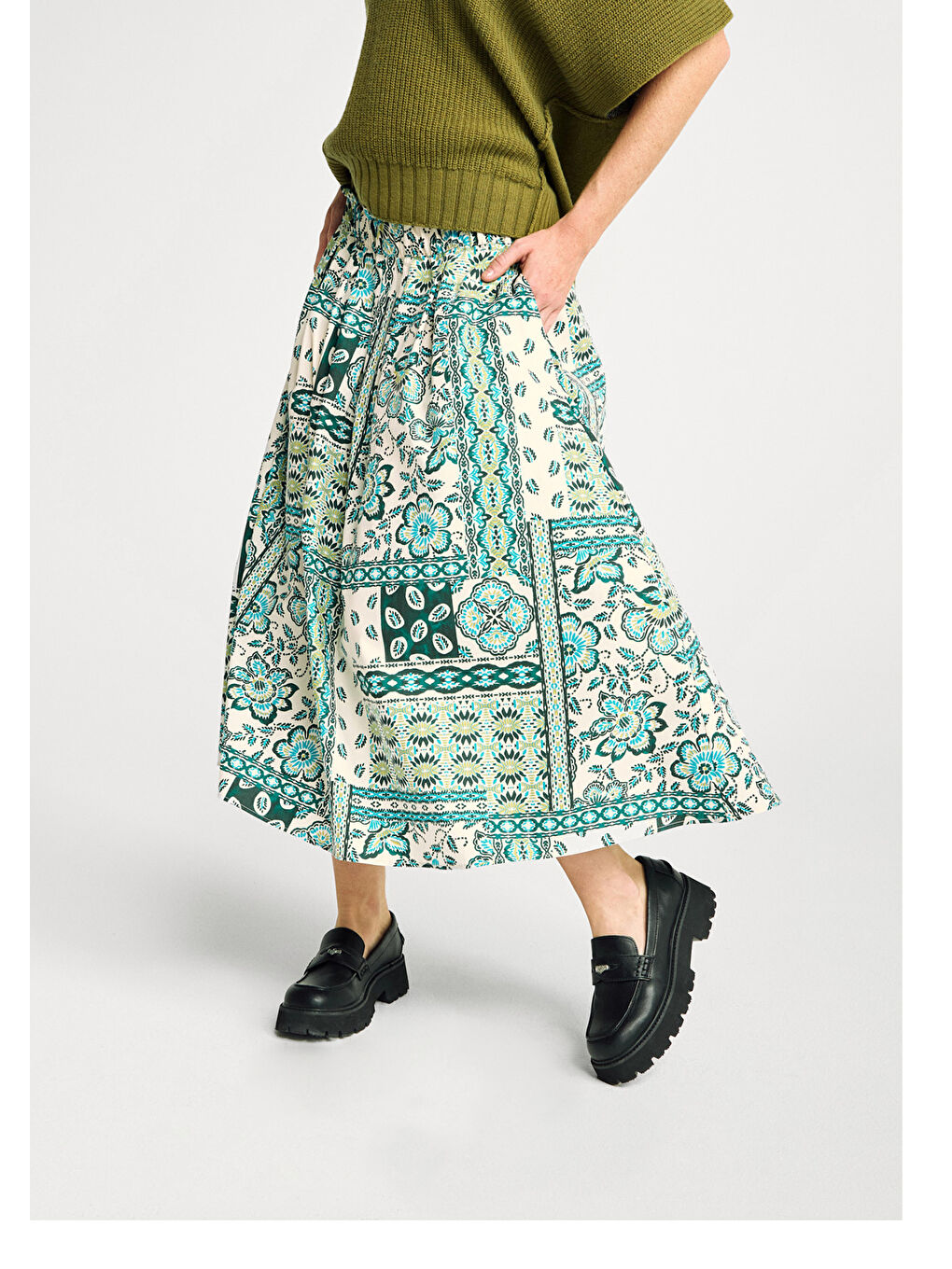 Kadın Açık Yeşil %100 Pamuk Desenli Beli Lastikli Cepli Poplin Etek-4