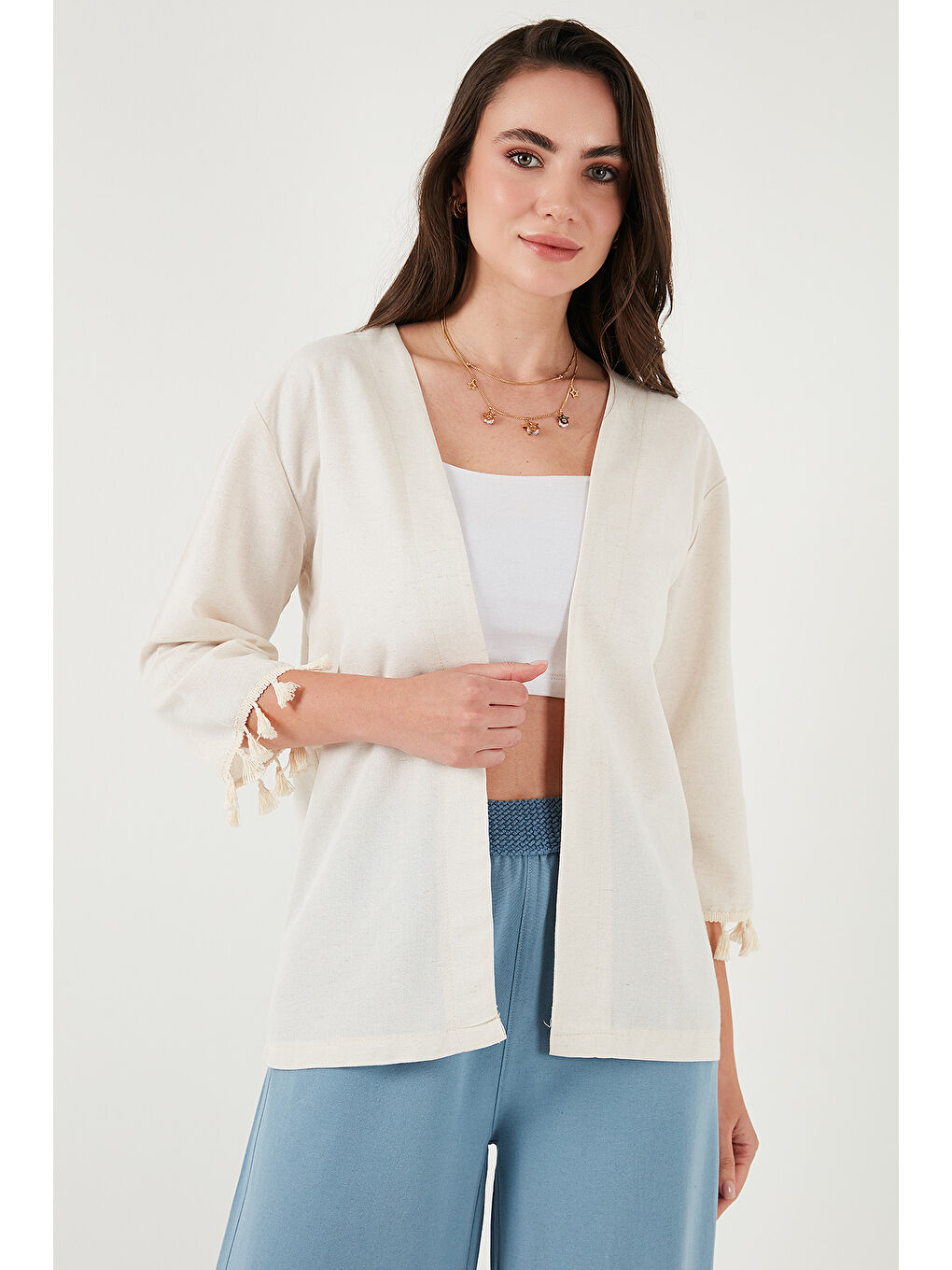 Bej Pamuk ve Keten Karışımlı Püskül Detaylı Regular Fit Uzun Kimono Hırka 5869015-3