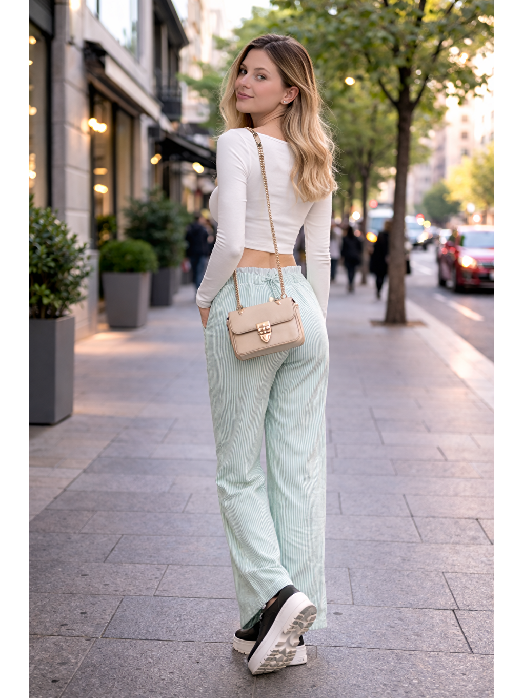 Turkuaz Kadın Trend Çizgili Bol Paça S.Yeşil Palazzo Pantolon-2