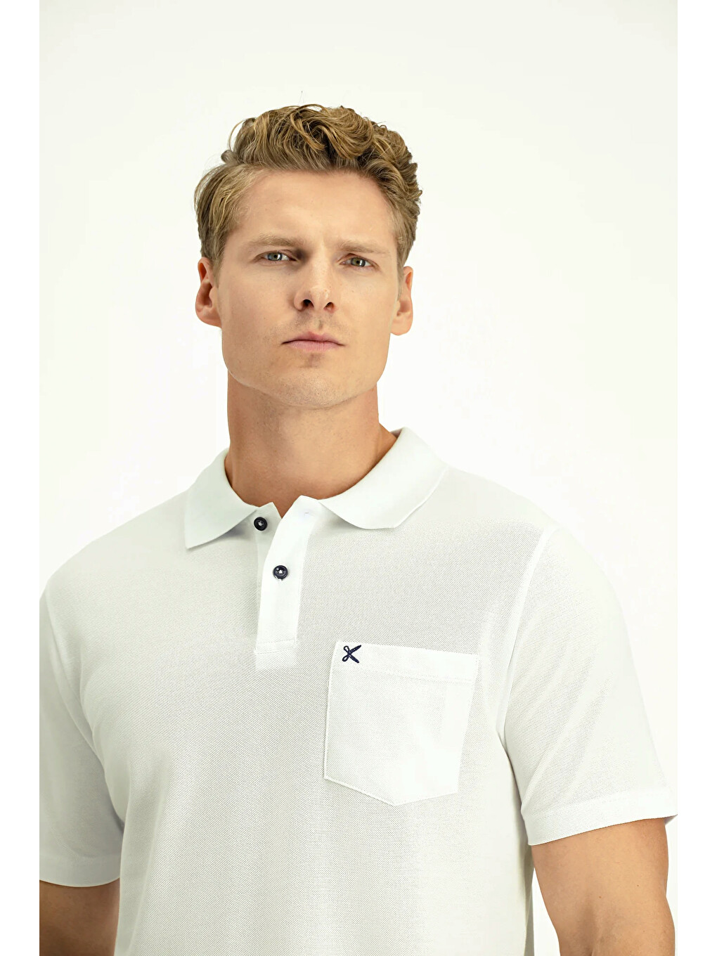 Beyaz Erkek Polo Yaka Regular Fit Cepli Nakışlı %100 Pamuk T-shirt-2