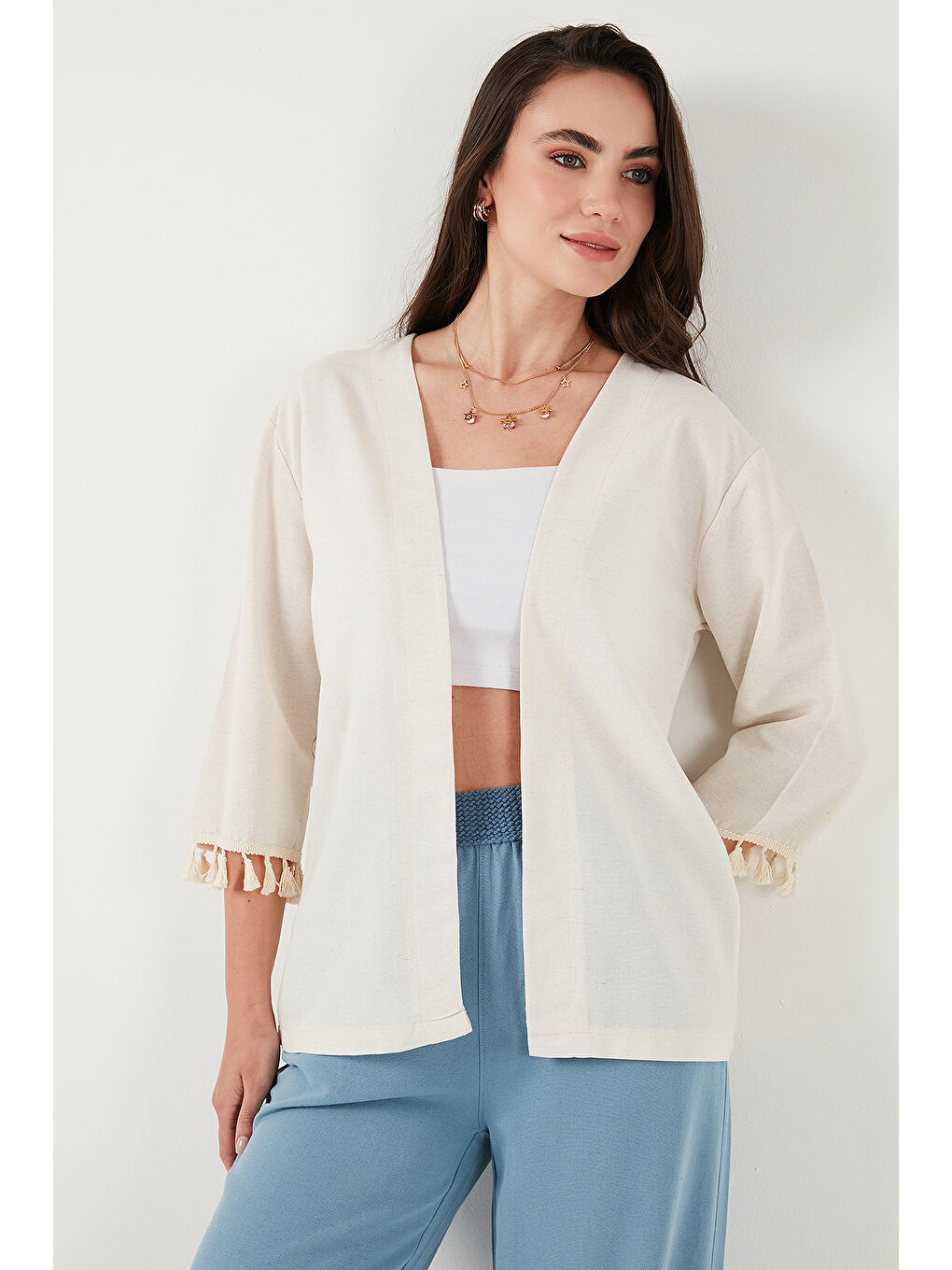 Bej Pamuk ve Keten Karışımlı Püskül Detaylı Regular Fit Uzun Kimono Hırka 5869015-4