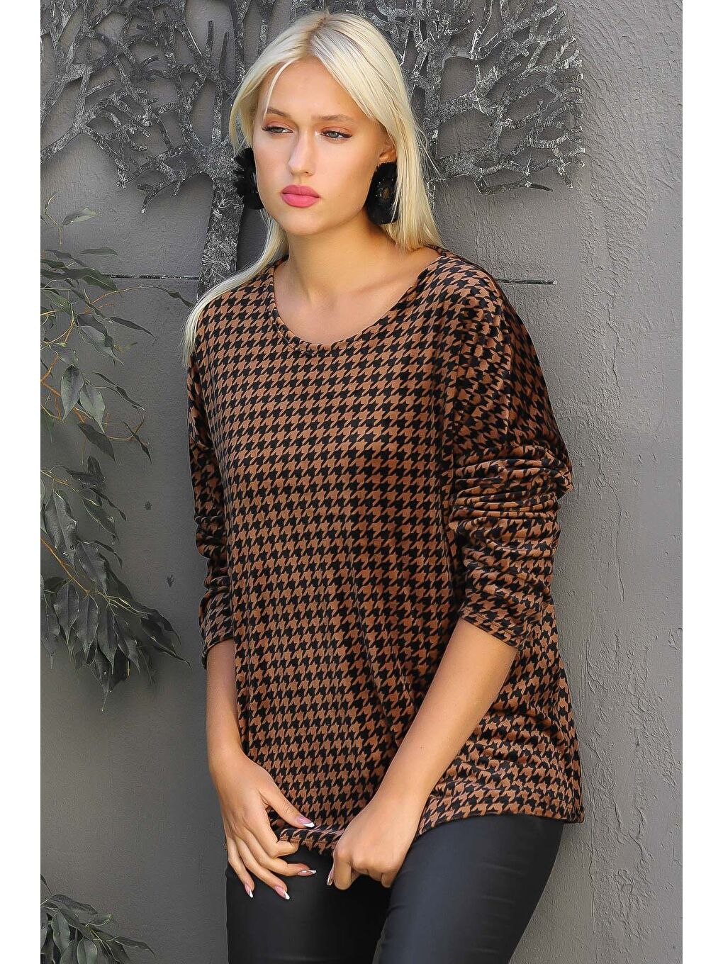 Kahverengi İtalyan Bisiklet Yaka Uzun Kol Kaz Ayağı Oversize Casual Örme Bluz-4