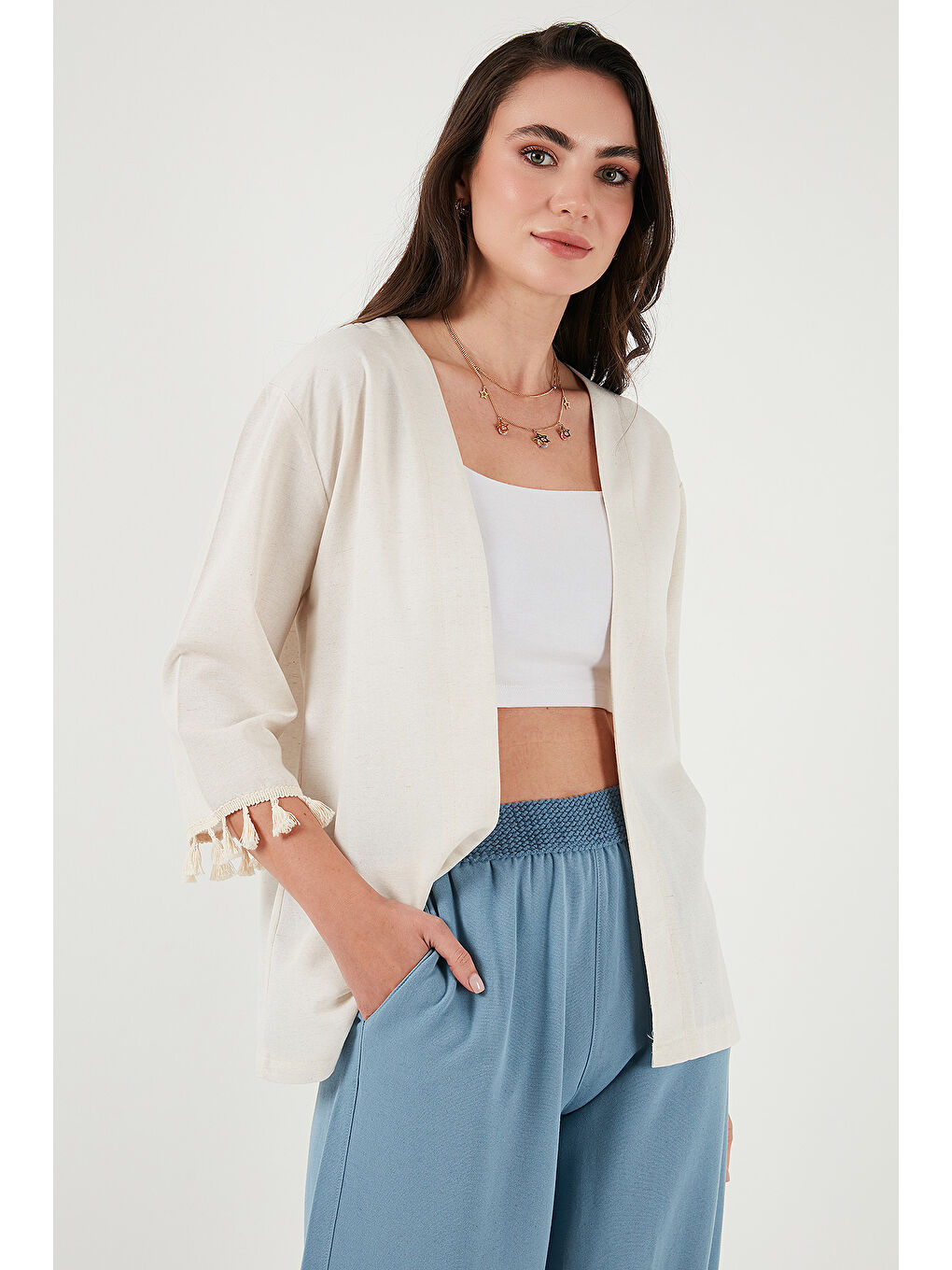 Bej Pamuk ve Keten Karışımlı Püskül Detaylı Regular Fit Uzun Kimono Hırka 5869015-5