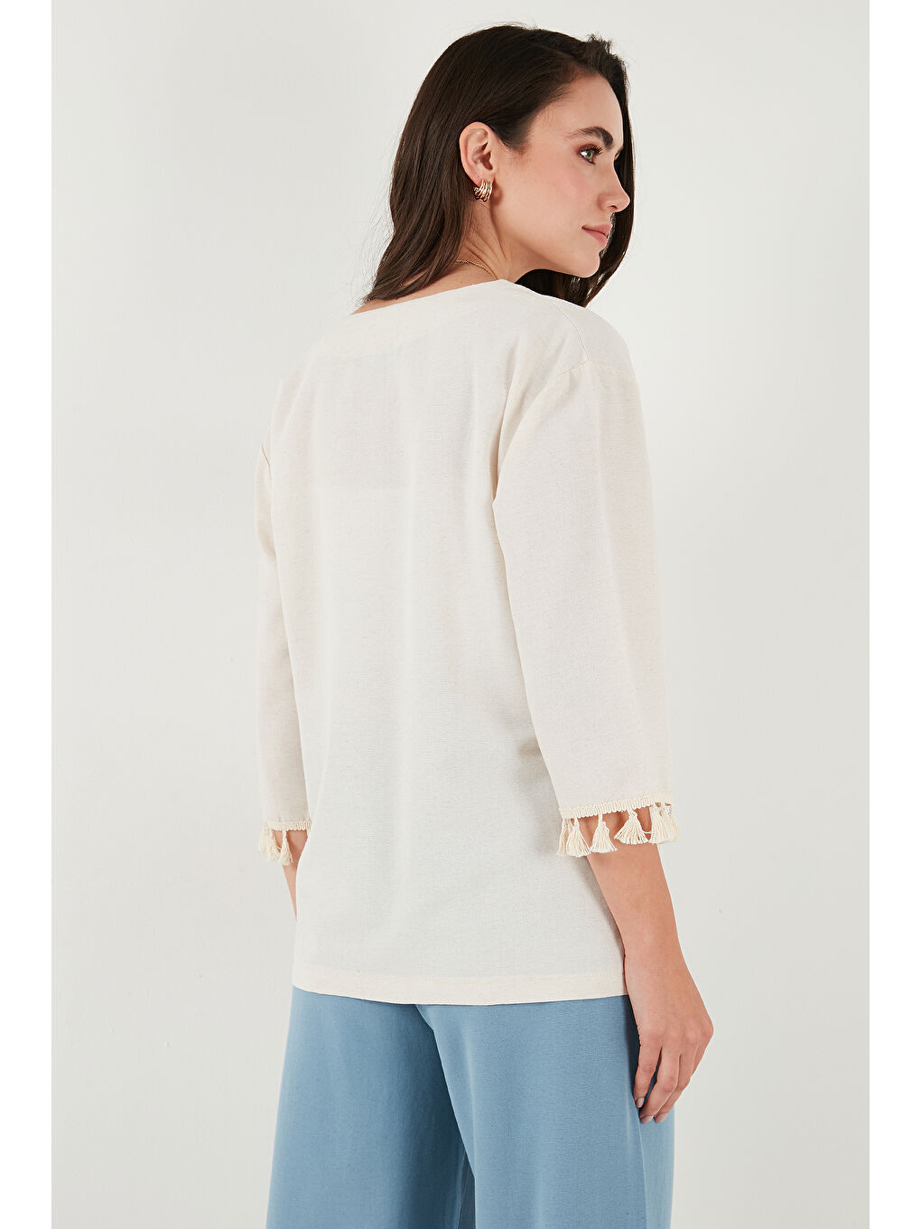 Bej Pamuk ve Keten Karışımlı Püskül Detaylı Regular Fit Uzun Kimono Hırka 5869015-6