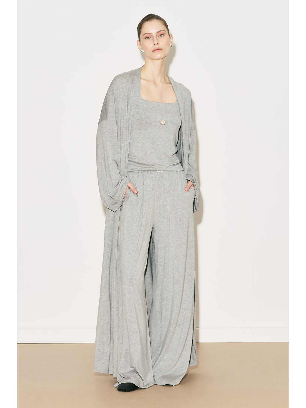 Easy Geniş Rahat Pantolon Gri Melanj