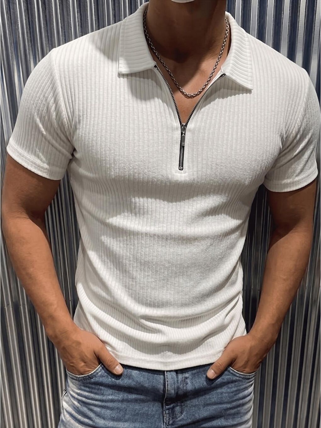 Beyaz Luuk Erkek Slim Fit Fermuarlı Polo Yaka Fitilli T-Shirt-1