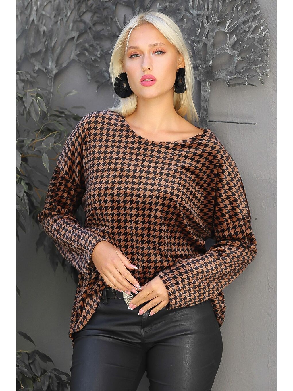 Kahverengi İtalyan Bisiklet Yaka Uzun Kol Kaz Ayağı Oversize Casual Örme Bluz-6