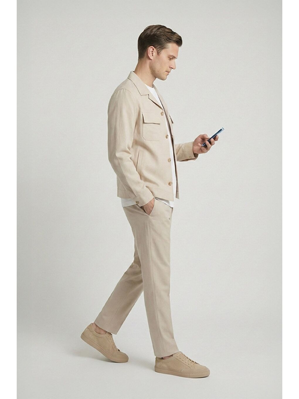 Giotelli Bej Roma Kalıp Keten Karışımlı Ceket Yaka 6 Drop Tam Astarlı Erkek Takım Elbise-2