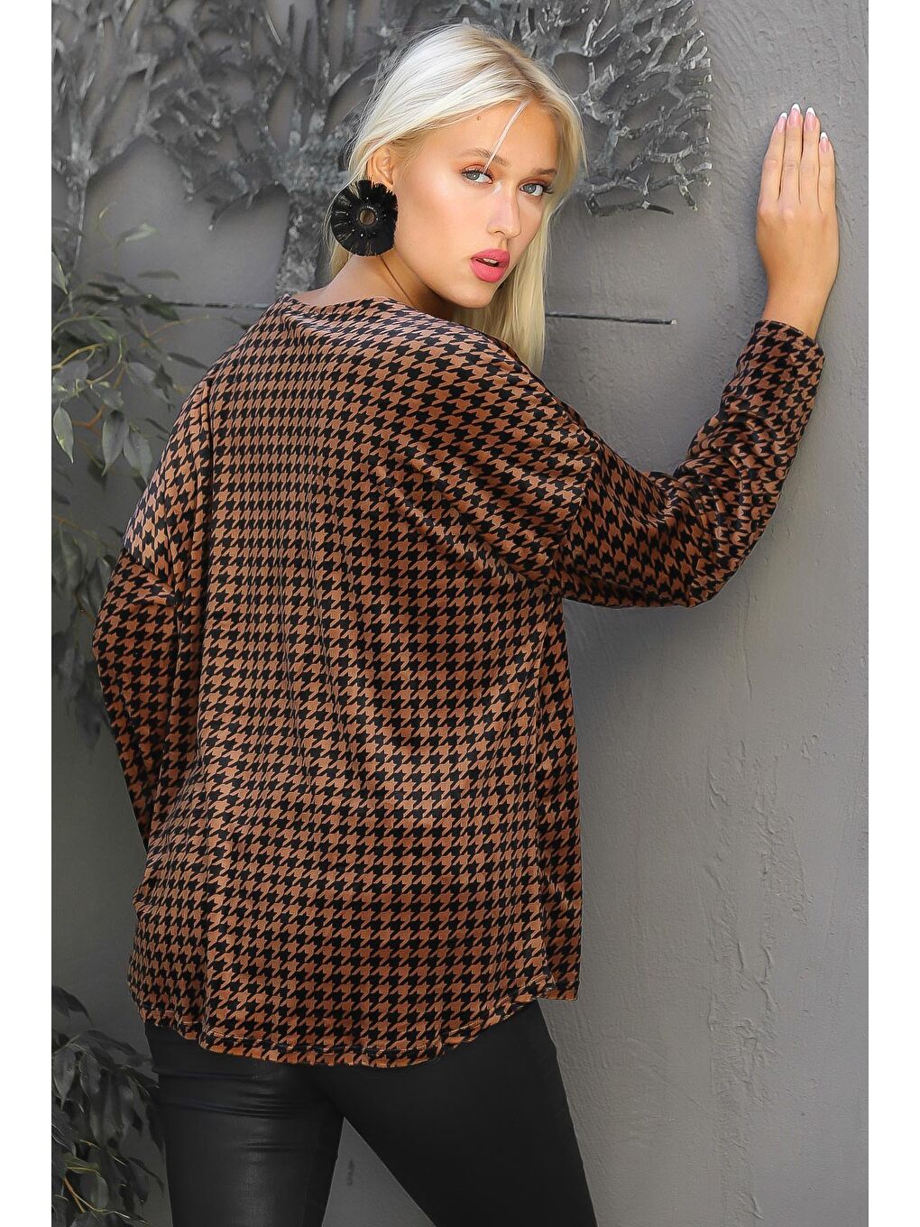 Kahverengi İtalyan Bisiklet Yaka Uzun Kol Kaz Ayağı Oversize Casual Örme Bluz-7