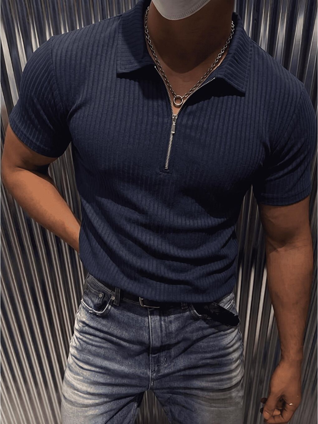 Lacivert Luuk Erkek Slim Fit Fermuarlı Polo Yaka Fitilli T-Shirt