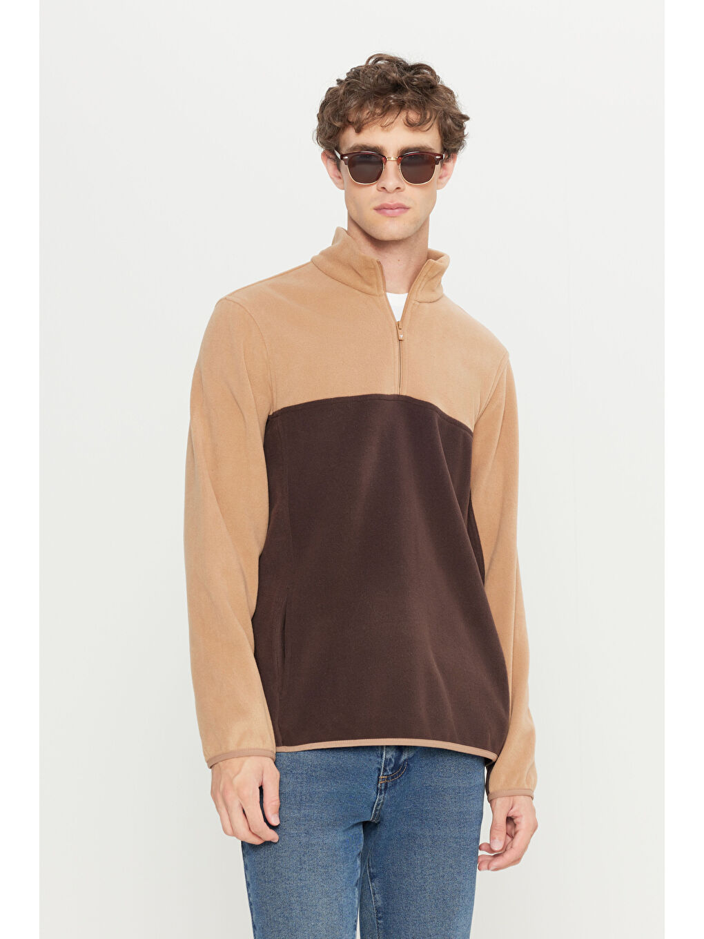 Kahverengi Erkek Sütlü Kahve-Kahve Standart Fit Dik Yaka İçi Polarlı Çift Renk Polar Sweatshirt
