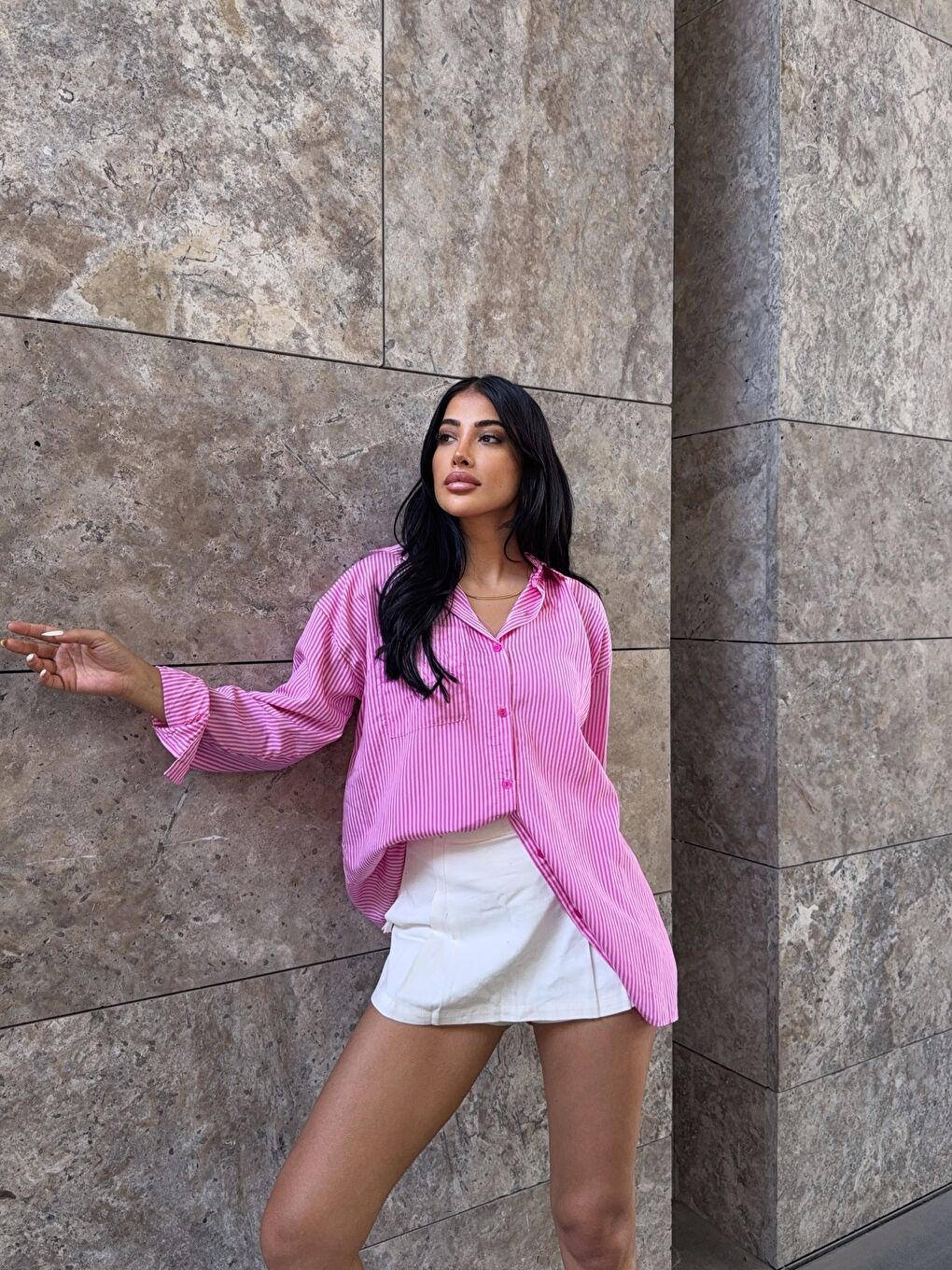 Pembe Çizgili Tek Cep Detay Gömlek