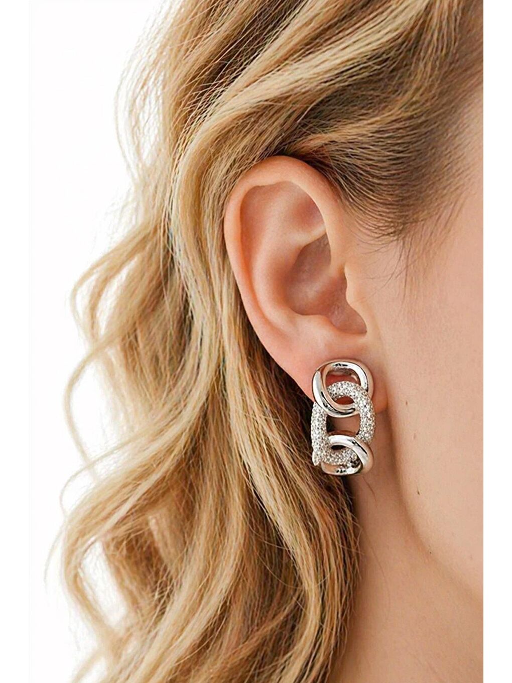 Gri Gümüş Renk Taş Detaylı Çelik Halka Küpe-1