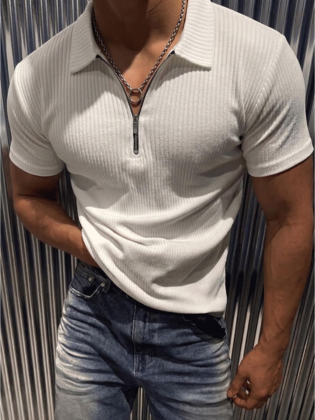 Beyaz Luuk Erkek Slim Fit Fermuarlı Polo Yaka Fitilli T-Shirt-2