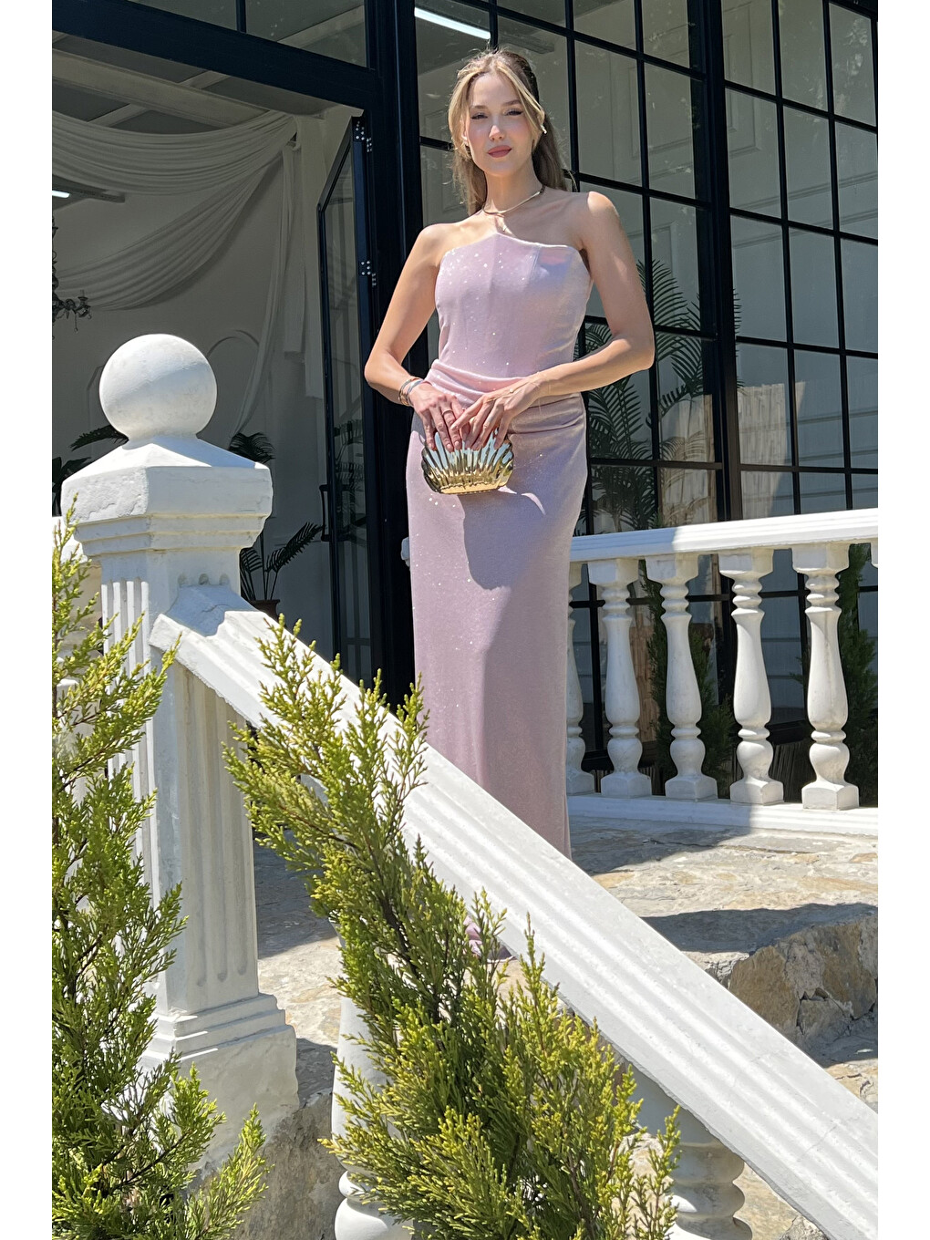 Pembe Kadın Pudra Straplez Yaka Balen Korseli Simli Uzun Abiye Elbise-2