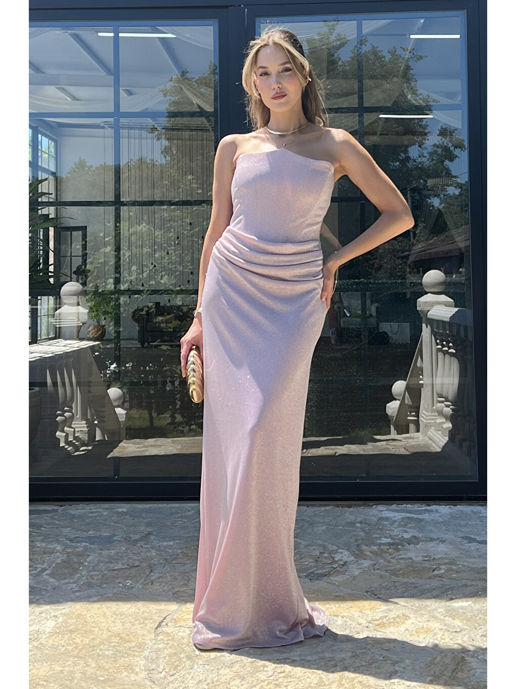Pembe Kadın Pudra Straplez Yaka Balen Korseli Simli Uzun Abiye Elbise-3