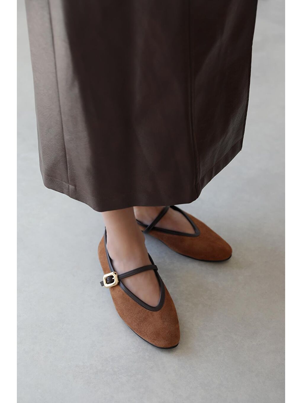 Kahverengi Stony Kadın Toka Detay Süet Babet Taba-1