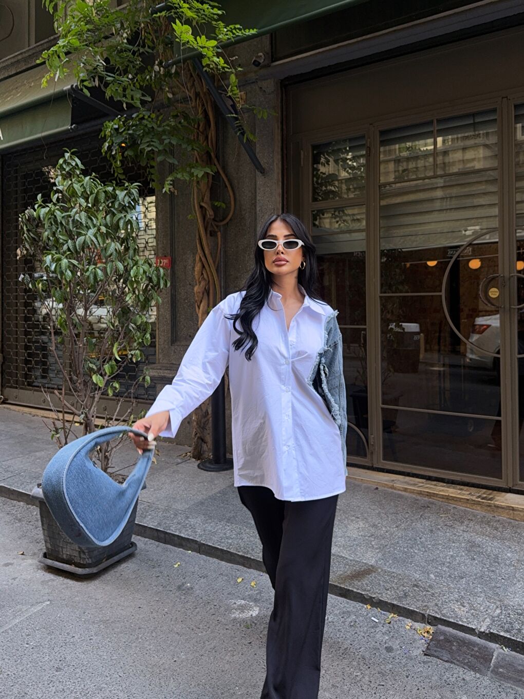 Beyaz Kolu Jean Detay Tasarım Gömlek-1