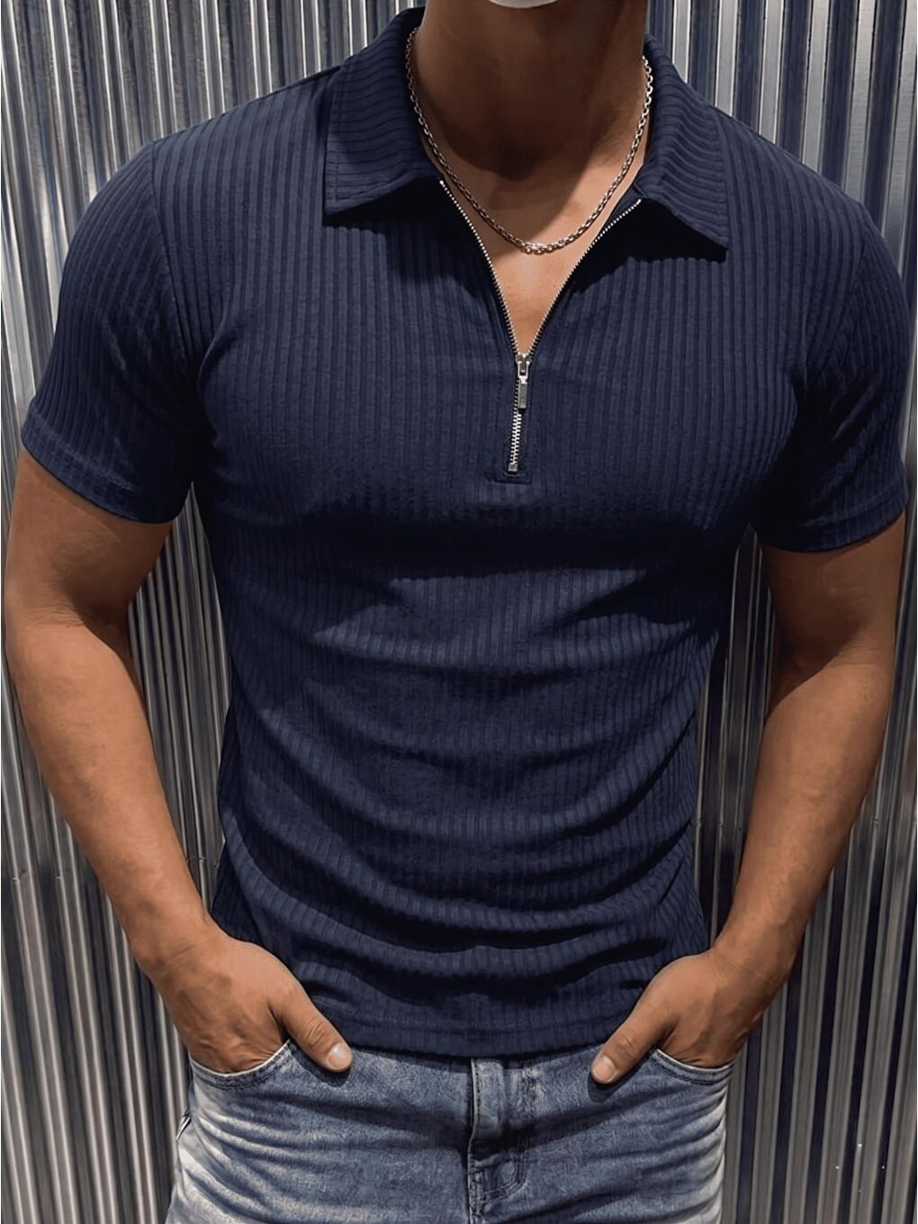 Lacivert Luuk Erkek Slim Fit Fermuarlı Polo Yaka Fitilli T-Shirt-1