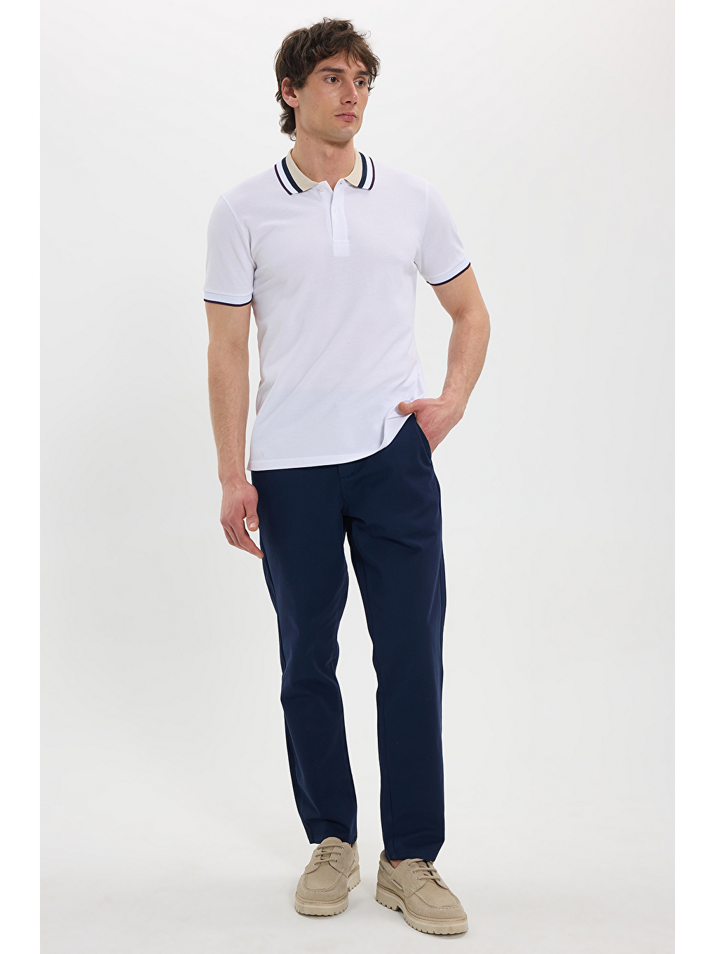 Erkek Slim Fit Dar Kesim %100 Pamuk Beyaz Polo Yaka Tişört-1