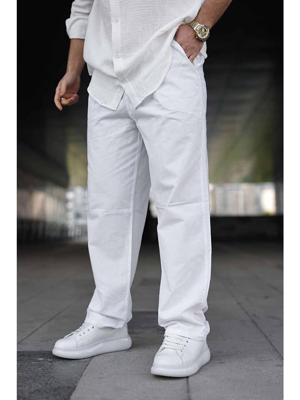 Erkek Trend Basic Bol Paça Beyaz Baggy Keten Pantolon