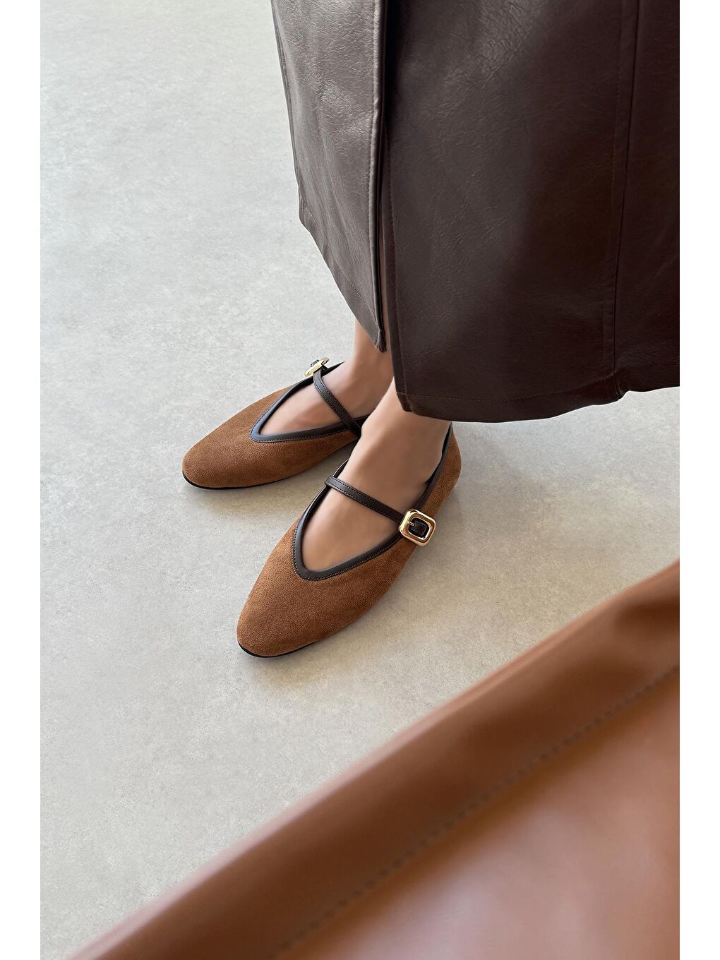 Kahverengi Stony Kadın Toka Detay Süet Babet Taba-2