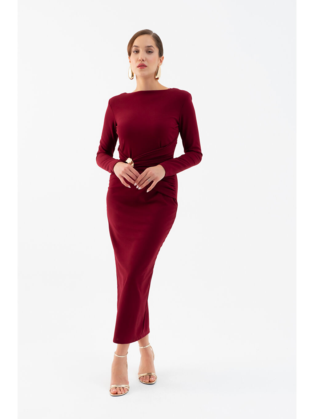 Kadın Bordo Vatkalı Bel Büzgülü Midi Elbise-1