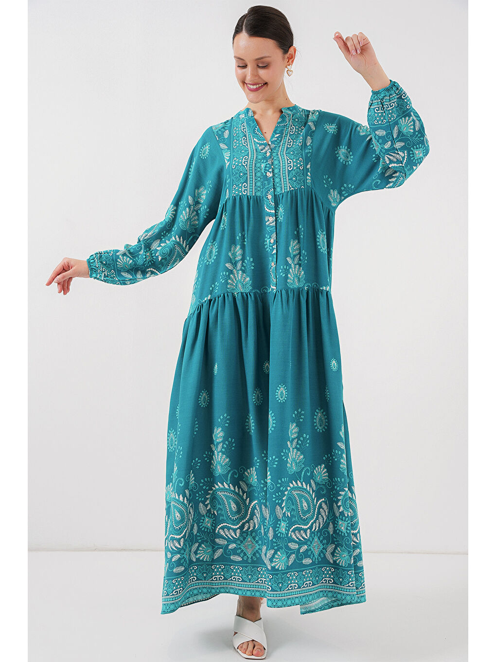 2423 Otantik Desenli Tesettür Elbise - B.Turkuaz
