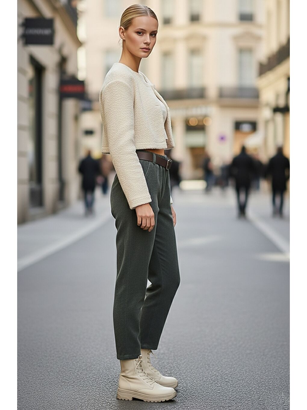 İtalyan Haki Cepli Kemerli Lastikli Bel Jogger Paça Casual Kadife Dokuma Pantolon 100 65-1