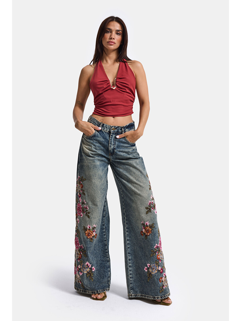 Mavi Kadın Tint 4w6-8 Palazzo Fit Özel Çiçek Nakış Tasarım Denim Jean-1