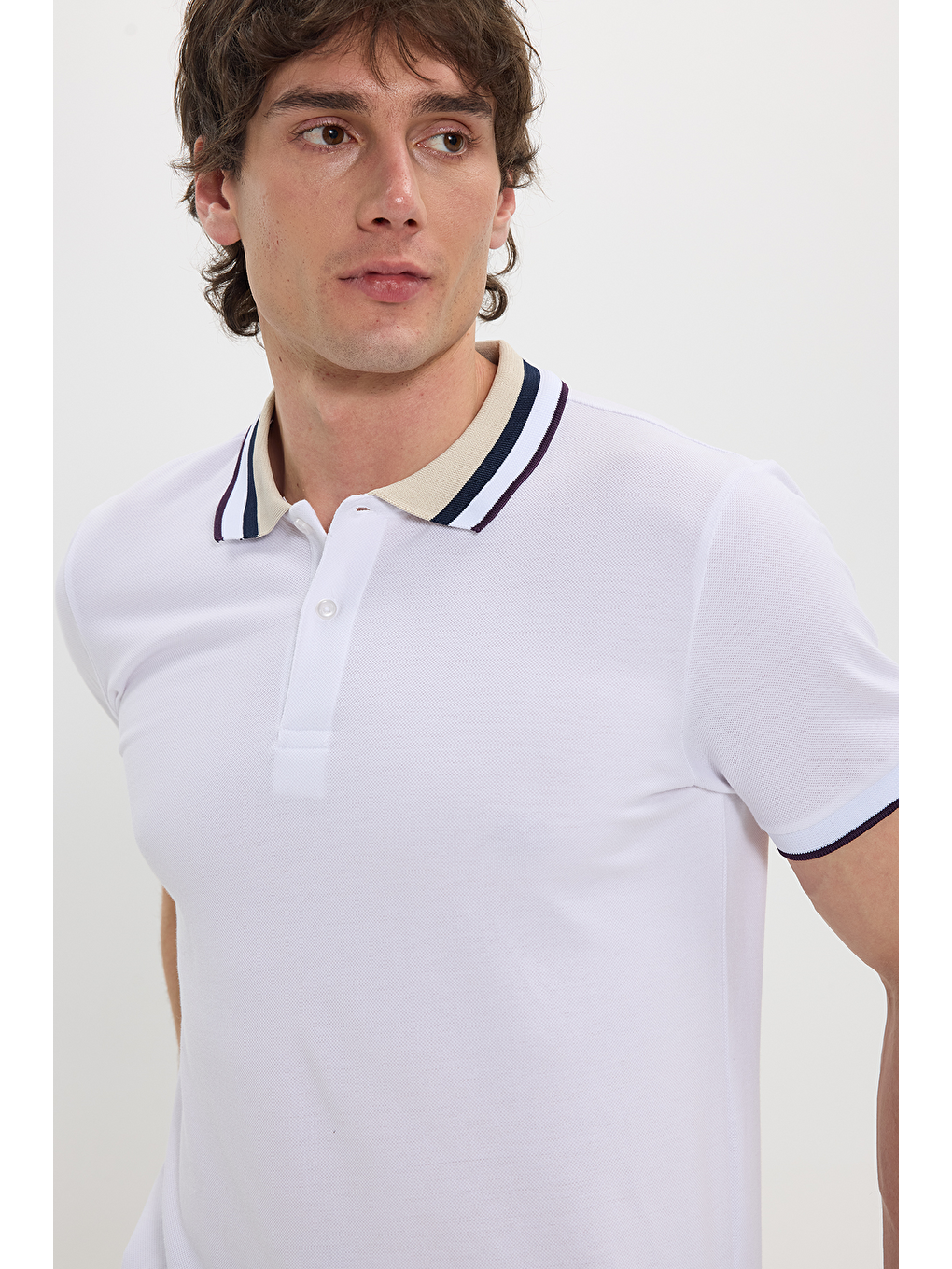 Erkek Slim Fit Dar Kesim %100 Pamuk Beyaz Polo Yaka Tişört-2