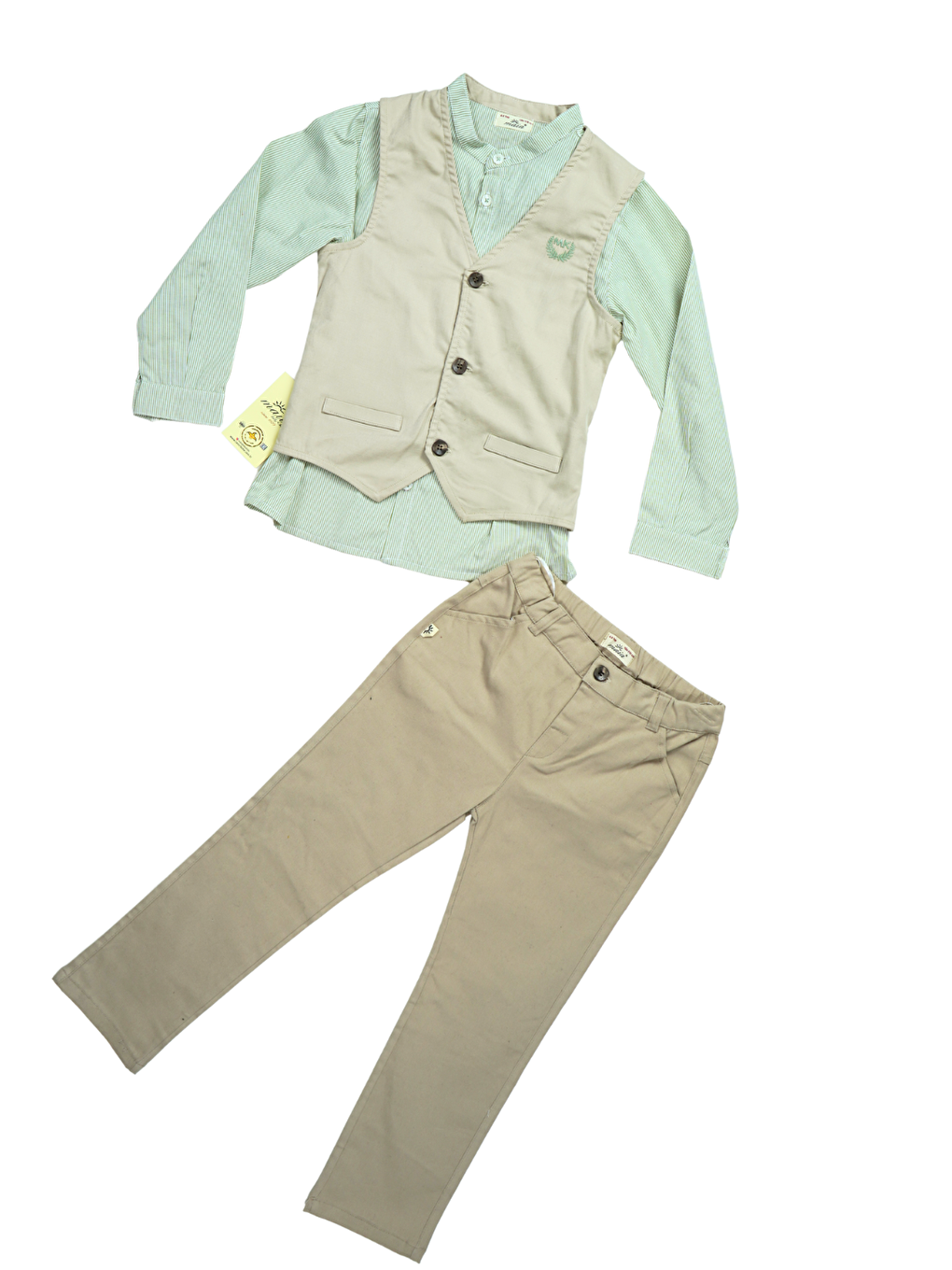 Bej 3'lü Set Erkek Çocuk Gabardin Yelek & Pantolon & Dokuma Gömlek-1