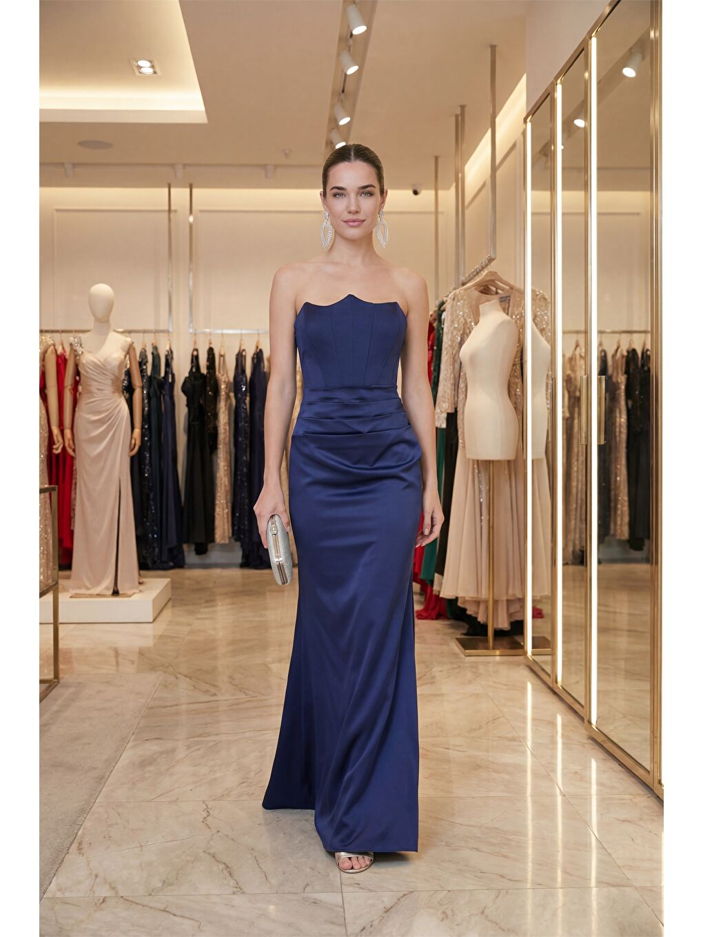 Kadın Lacivert Dar Kalıp Straplez Yaka Beli Drapeli Saten Abiye Elbise-1