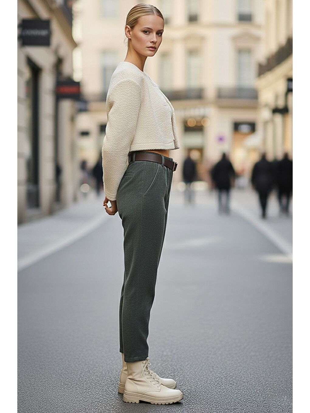 İtalyan Haki Cepli Kemerli Lastikli Bel Jogger Paça Casual Kadife Dokuma Pantolon 100 65-2