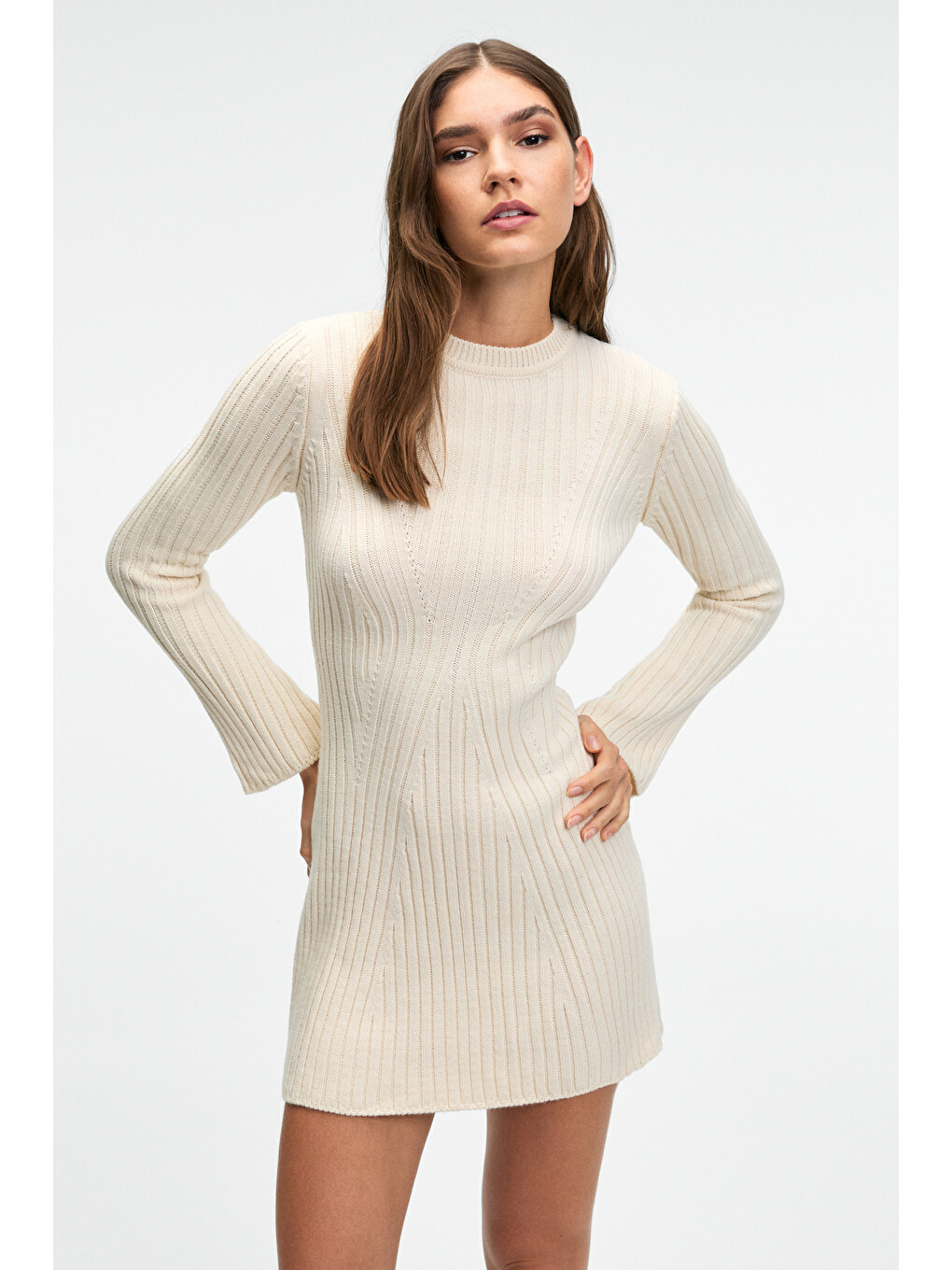 Encanto Kadın Yuvarlak Yaka Çizgi Desenli Slim Fit Ekru Elbise-1
