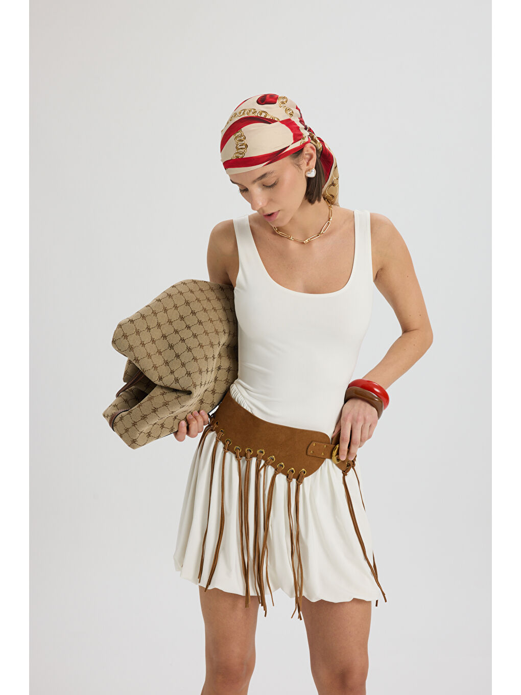 Raventa Üçgen Detay Ekru Mini Elbise-3