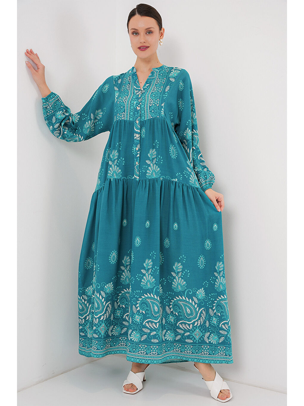2423 Otantik Desenli Tesettür Elbise - B.Turkuaz-2