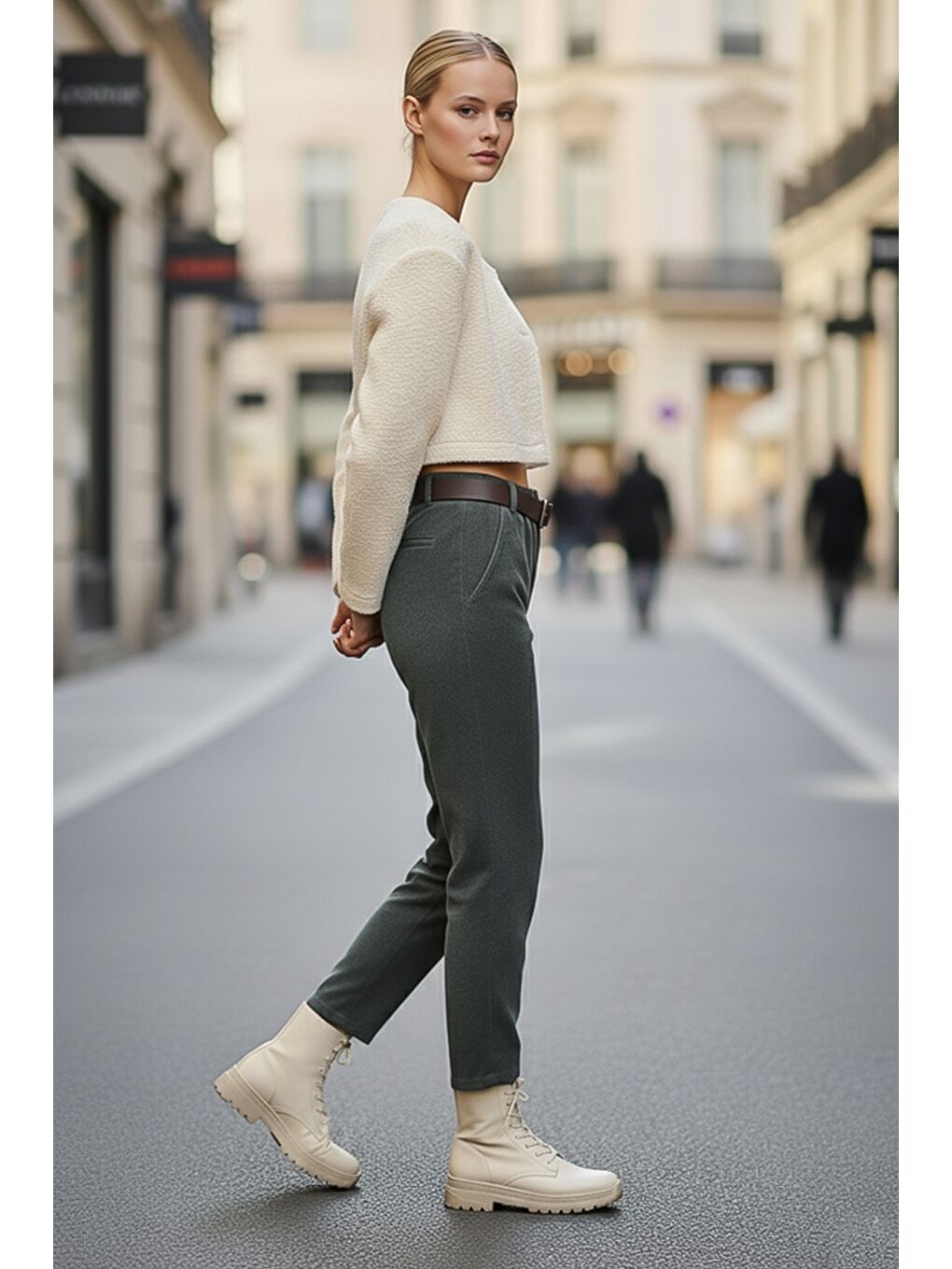 İtalyan Haki Cepli Kemerli Lastikli Bel Jogger Paça Casual Kadife Dokuma Pantolon 100 65-3