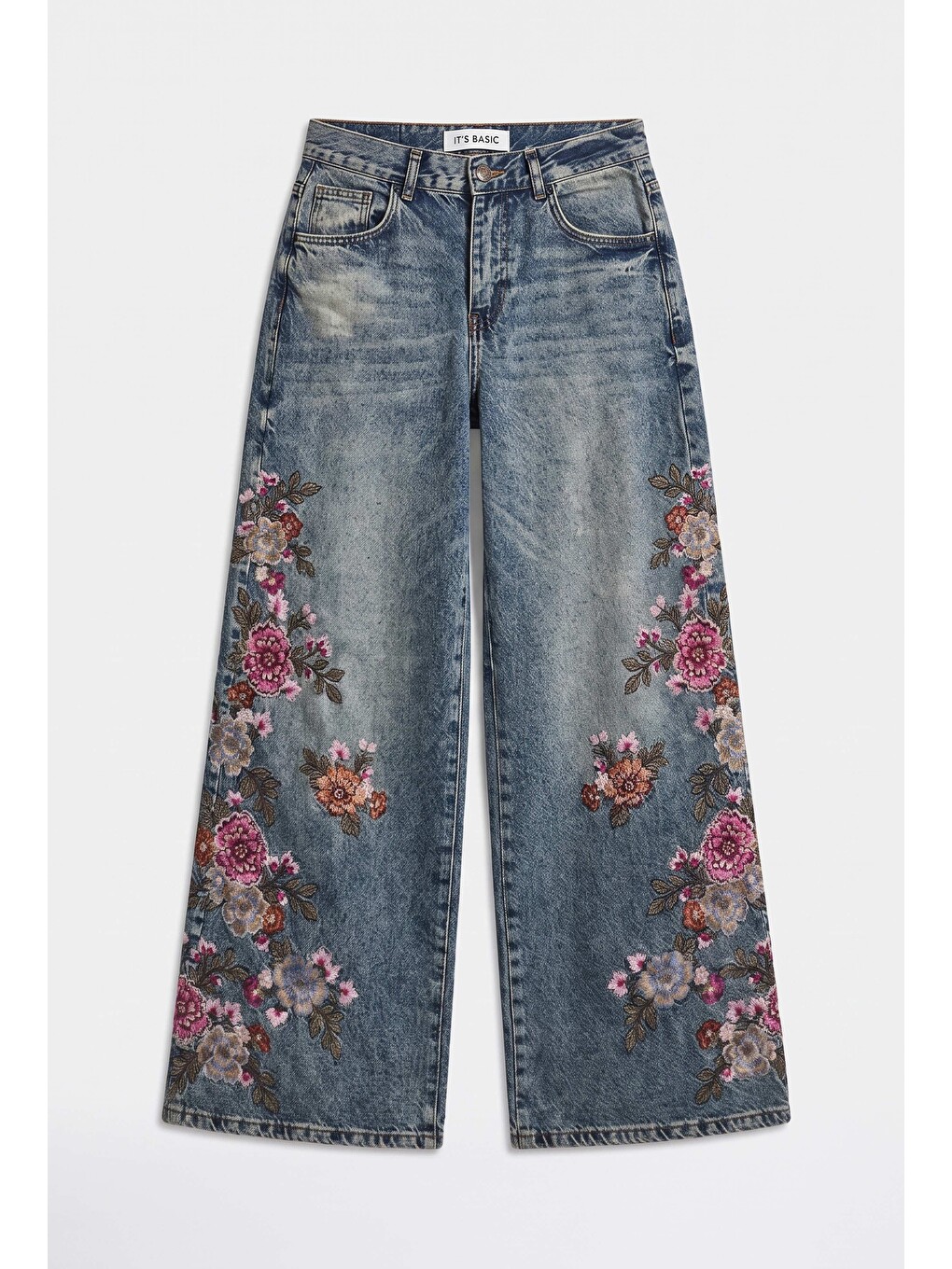 Mavi Kadın Tint 4w6-8 Palazzo Fit Özel Çiçek Nakış Tasarım Denim Jean-2