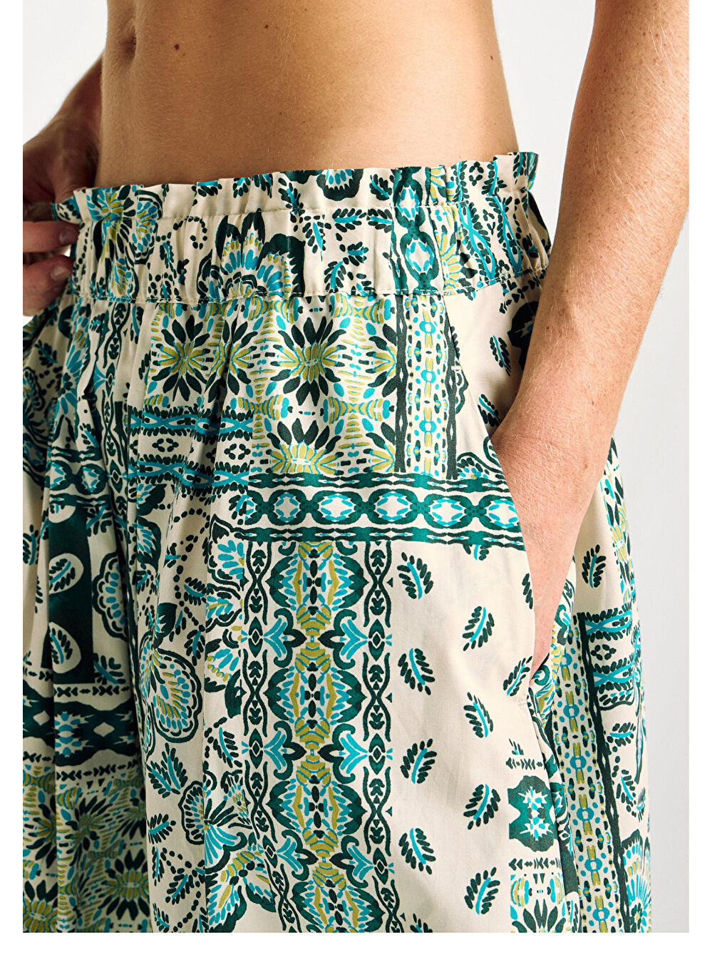 Kadın Açık Yeşil %100 Pamuk Desenli Beli Lastikli Cepli Poplin Etek-5