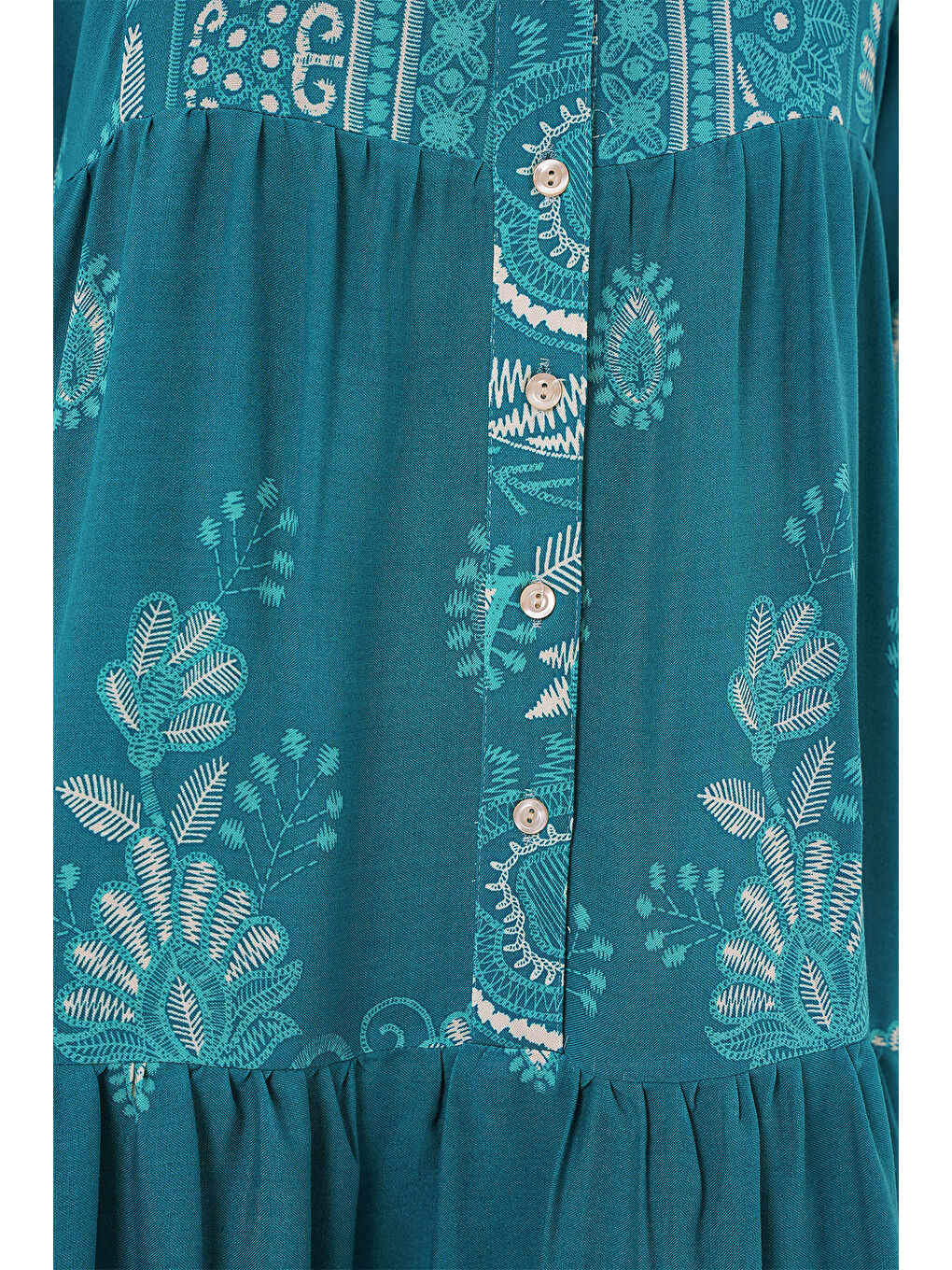 2423 Otantik Desenli Tesettür Elbise - B.Turkuaz-3